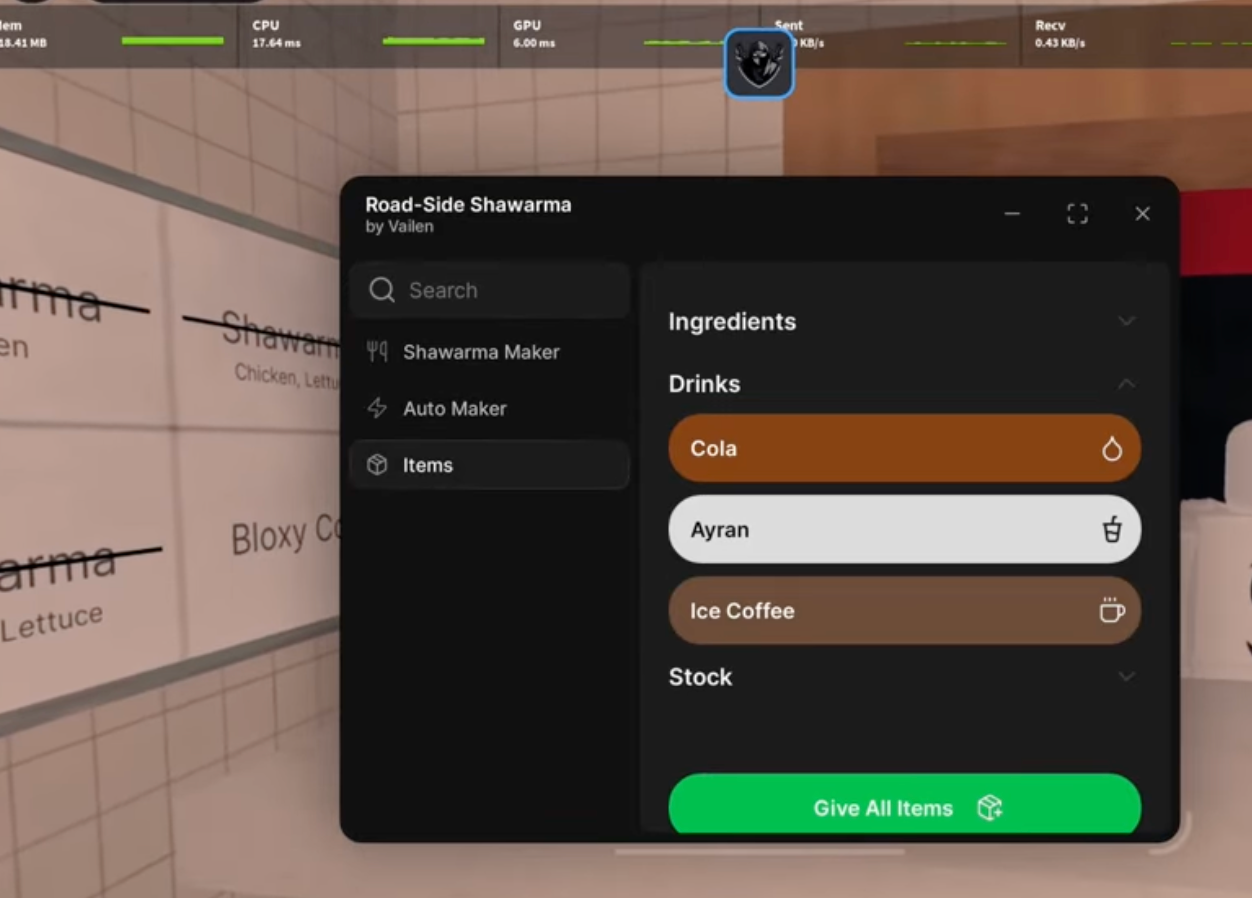 Item Giver Interface showing available items